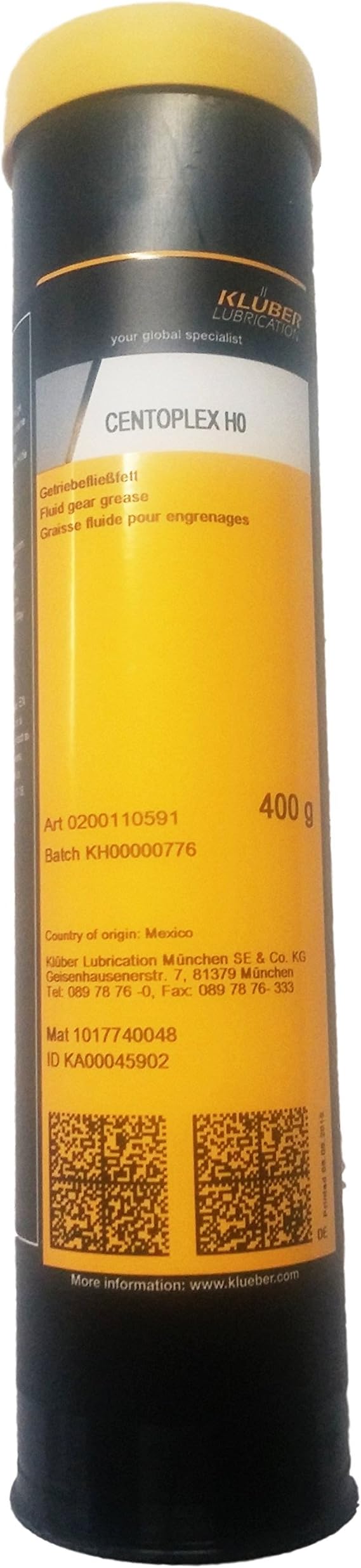 Kluber Lubrication CENTOPLEX H0 Grease for Garage Door Drives-Construction Vehicles-Plain Bearings-Leaf Springs in Rail Vehicles 400 g Cartridge