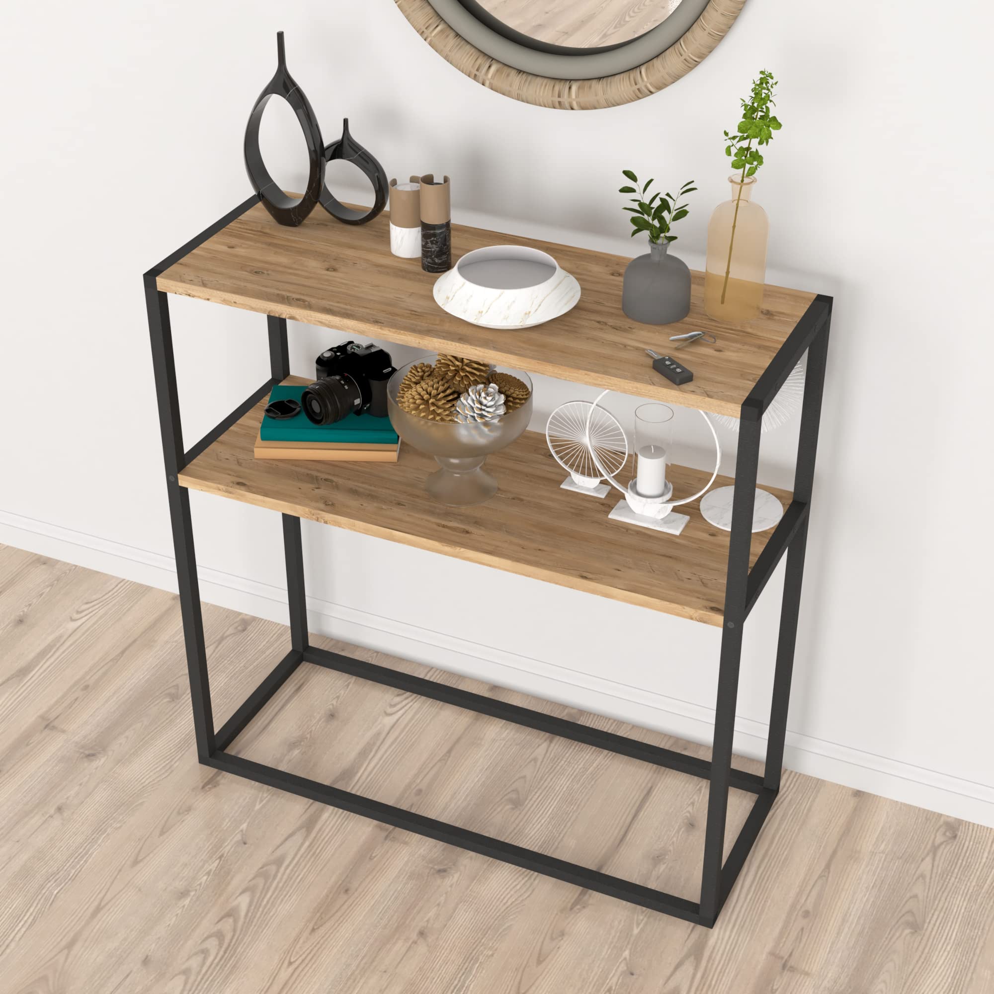 [en.casa] Table Console pour Salon Table d'Appoint Rectangulaire avec Surface de Rangement Panneau de Particules Métal 90 x 90 x 34 cm Effet Chêne Noir