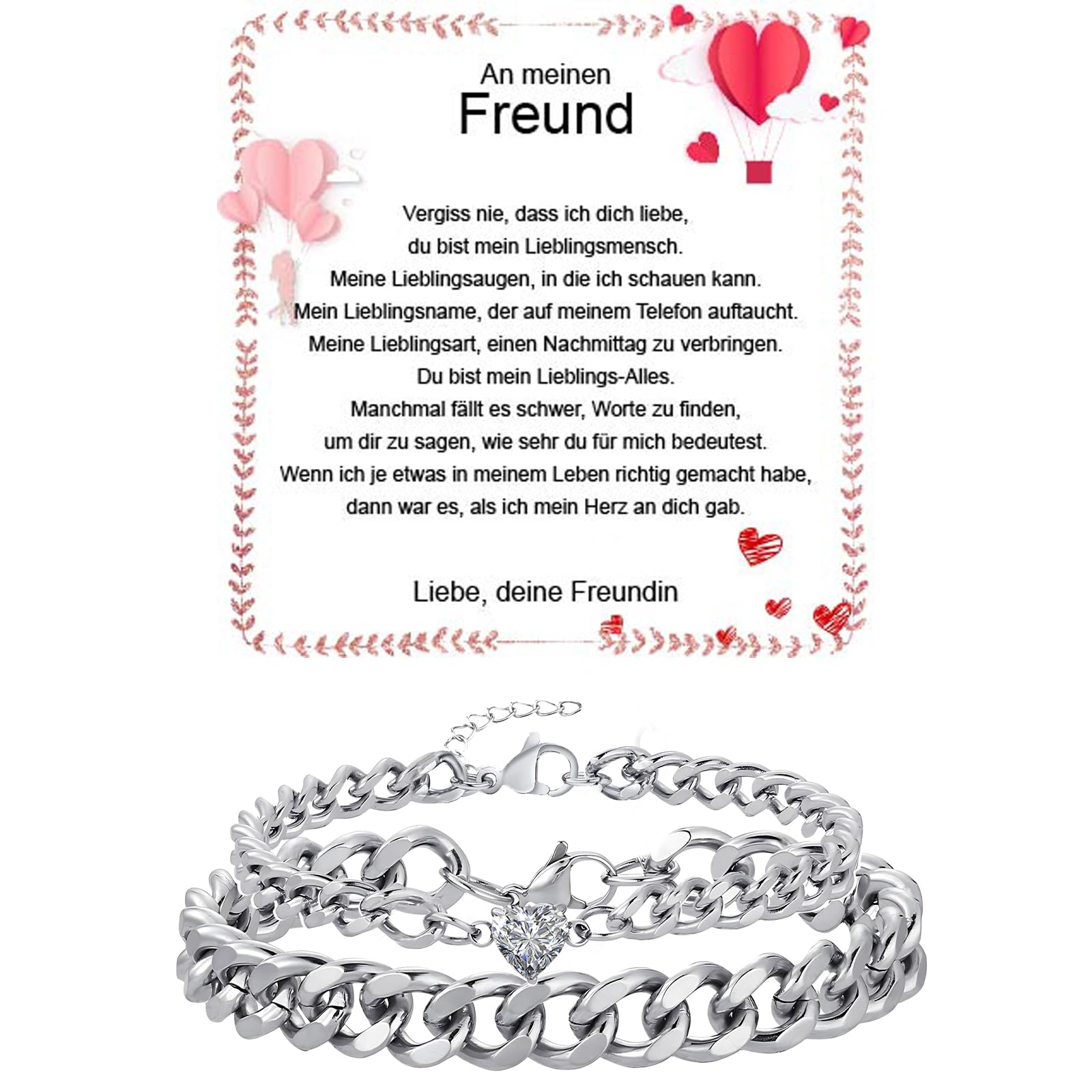 Fehki Edelstahl Paar Armband | Kubanische Kette verstellbar | Romantisches Geschenkset für Paare zum Valentinstag, Jahrestag & Geburtstag