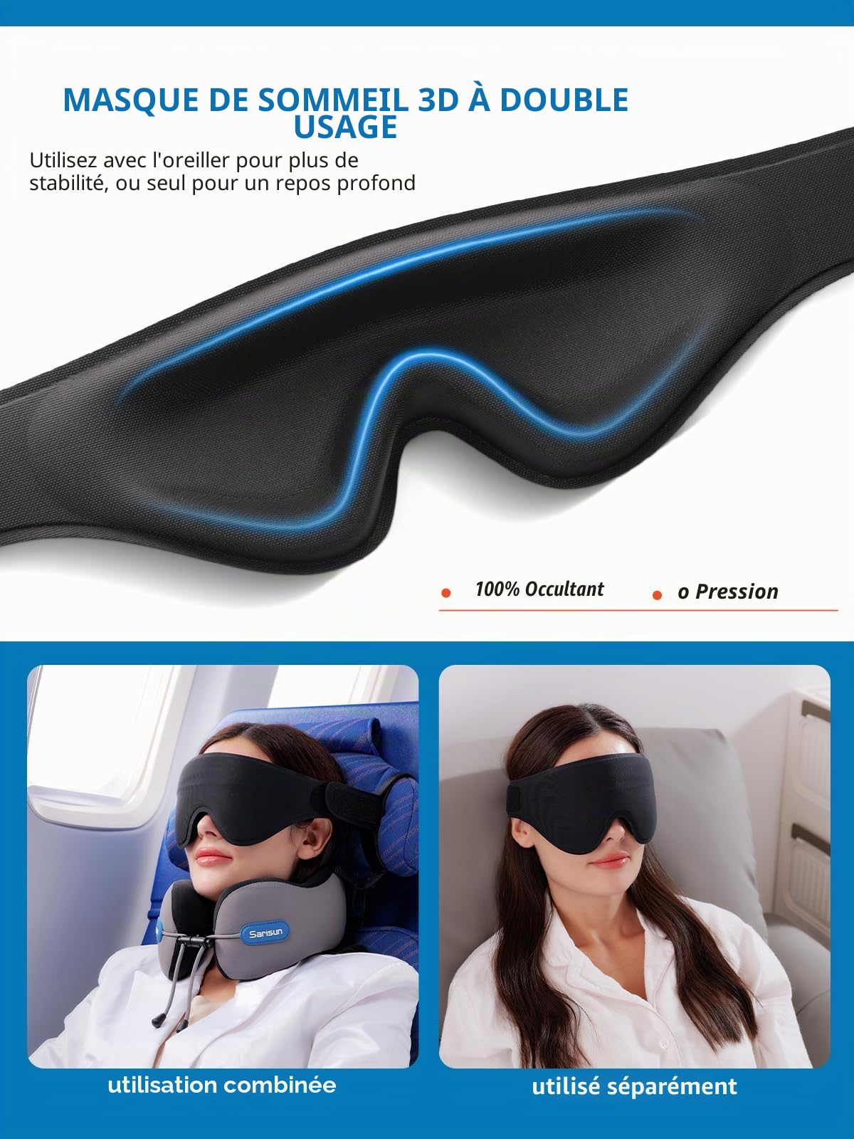SARISUN Coussin de Voyage, Oreiller de Voyage Densité Memoire Forme et Sangle, Combiné avec Un Masque de Sommeil 3D, Coussin de Nuque pour Voyage Double pour Les Voyages en Avion et en Voiture Noir
