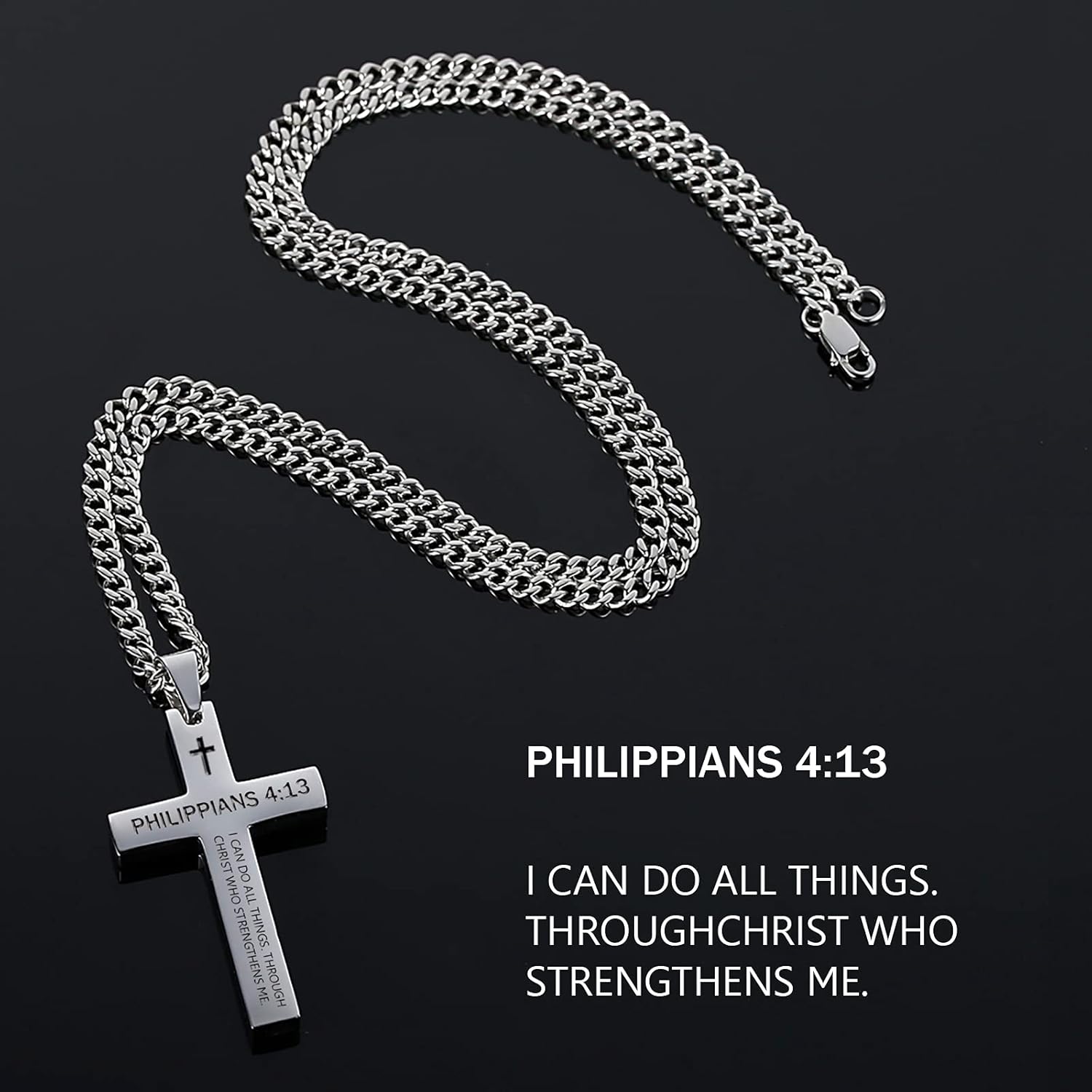 REVEMCN Inspirational Bible Verse Cross Necklace for Men Boys, Stainless Steel Plain Black Silver Cross Pendant Necklace for Men 20-24 Inches Curb Chain Faith Jewelry Gift - Image 5