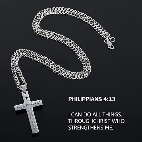 Miniatura 5 de Collar inspirador de cruz con versículo bíblico para hombres y niños, collar con colgante de cruz de plata negra lisa de acero inoxidable para