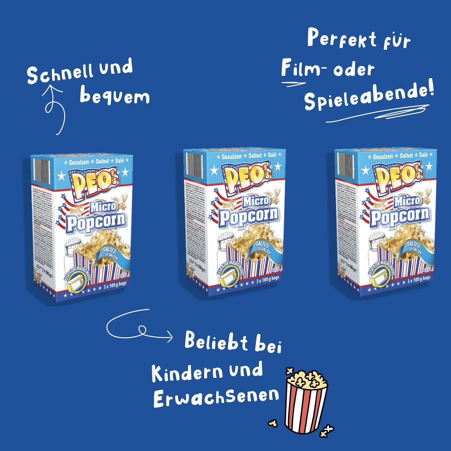Peo's Lot de 72 boîtes de pop-corn au micro-ondes salé/salé - 24 boîtes de 100 g de contenu - Bonbons au maïs pop-corn pour le carnaval, les fêtes, les snacks au cinéma, etc