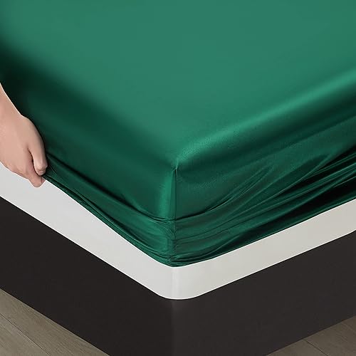 Miniatura 4 de NA HommxJF - Juego de 4 sábanas de satén verde negruzco tamaño Queen, juego de sábanas sedosas y fundas de almohada con 1 sábana encimera, 1 sábana