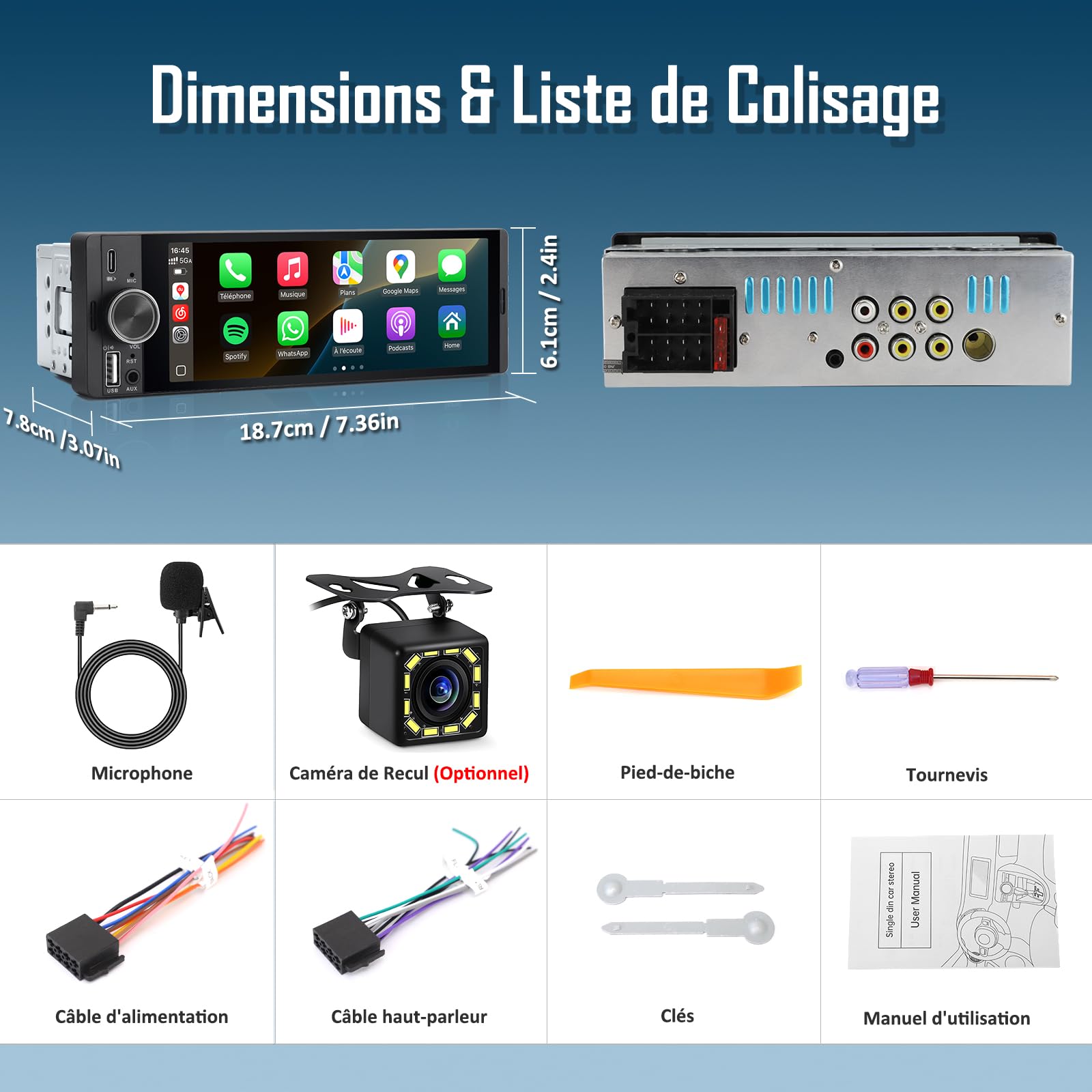 Autoradio 1 DIN, CarPlay Voiture & Android Auto sans Fil, Poste Radio Bluetooth Appels Main Libre, 6,36 Pouces HD Écran Tactile, Navigation GPS, Contrôle Vocal, AUX/FM, Mirror Link, USB Type-C