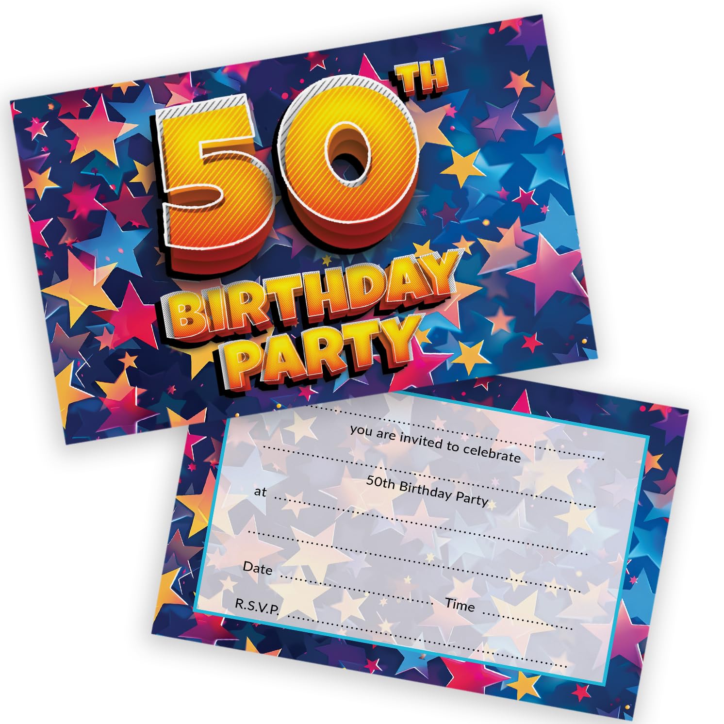 50th Birthday Party Invitations Men Women - Celebration Stars 20 Pack - Adults Birthday Invitations for Friends Family A6 Party Invites Invitation Cards with Folding Envelopes