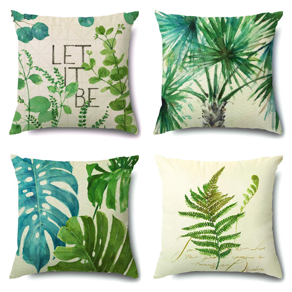 Artscope Cozy Cushion Covers, Pack of 4 Soft Velvet Tropical Green Leaves Pattern Decorative Throw Pillow Covers Cases for Sofa Couch Bedroom Living Room Home Decor 45x45CM