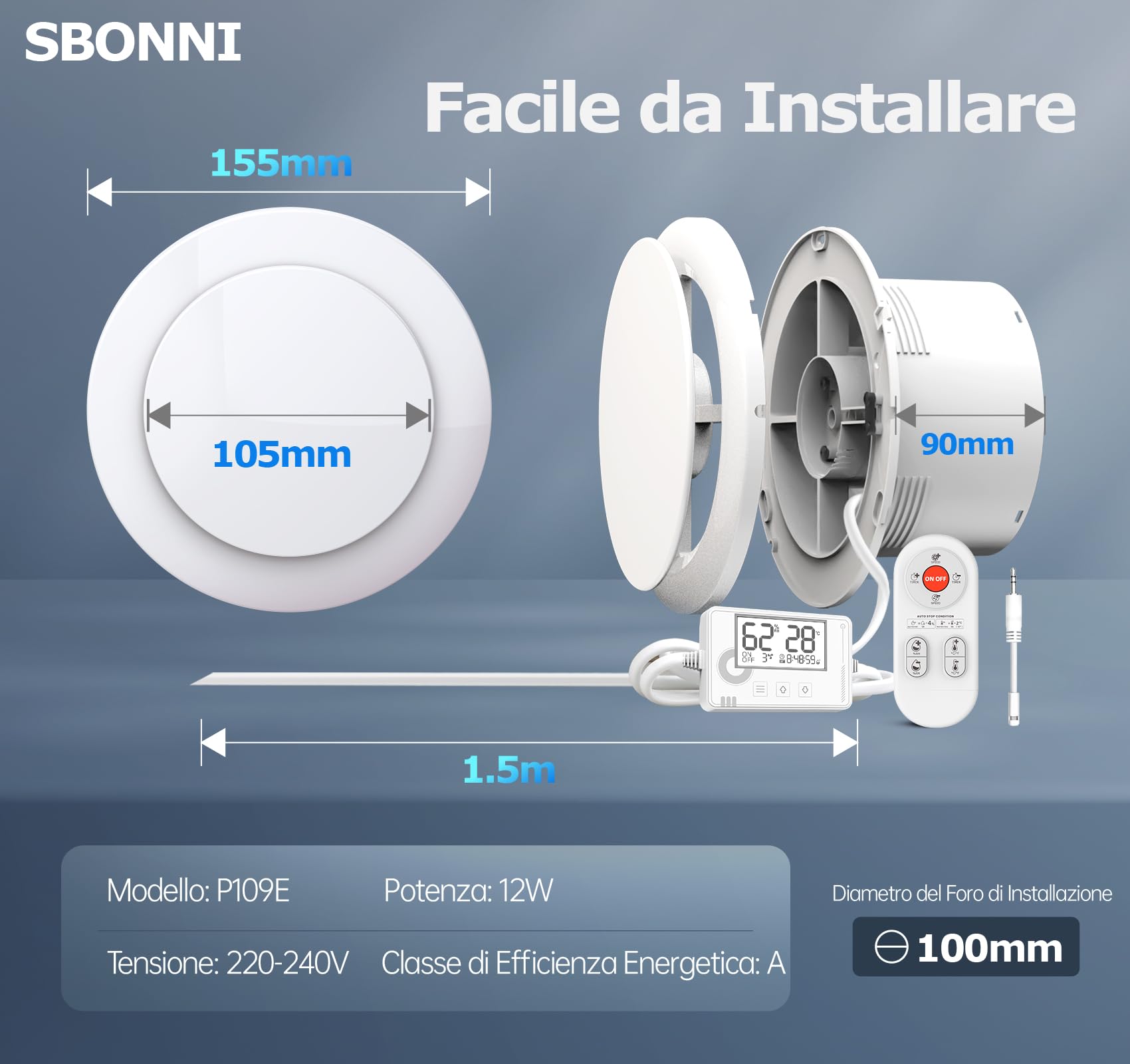 Aspiratore Bagno 100mm 3 Velocità, Ventola Aspirazione con Sensore di Umidità Temperatura Timer Telecomando, Silenzioso Potente Ventilatore Bagno Cucina Cantina, Estrattore Aria P109