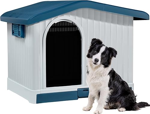 Miniatura 1 de YITAHOME Casa grande de plástico para perros con techo elevable, refugio para cachorros para interiores y exteriores, con base desmontable y ventana