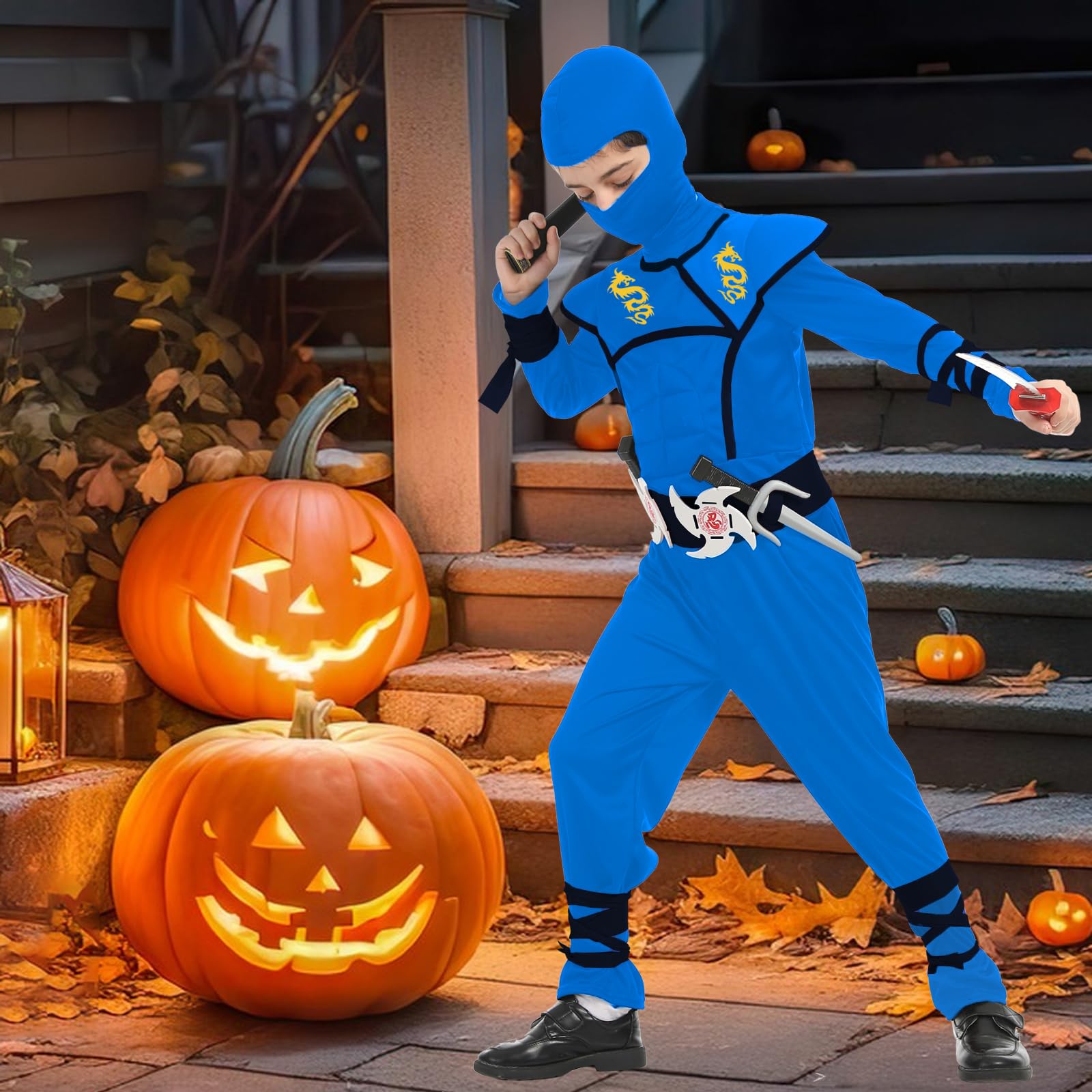 SATKULL Kids Ninja Costumes Set Halloween Ninja Costume Boys Ninjas Cosplay Suit with Accessories Toys for Kids (Kids-M-6/7T Blue) - Image 2