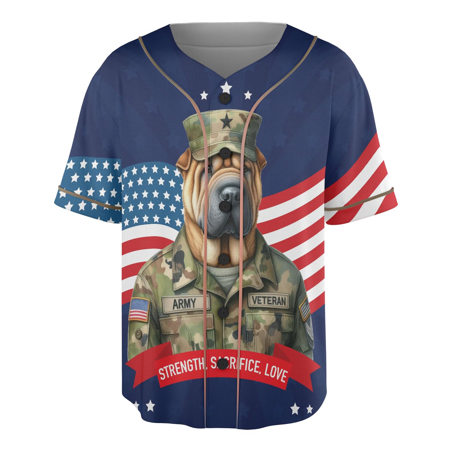 Happy Father's Day Honoring Veterans Chinese Shar-Pei in Army Uniform All Over Print 3D Baseball Jersey Shirt Dog Lover Softball Sport 13007