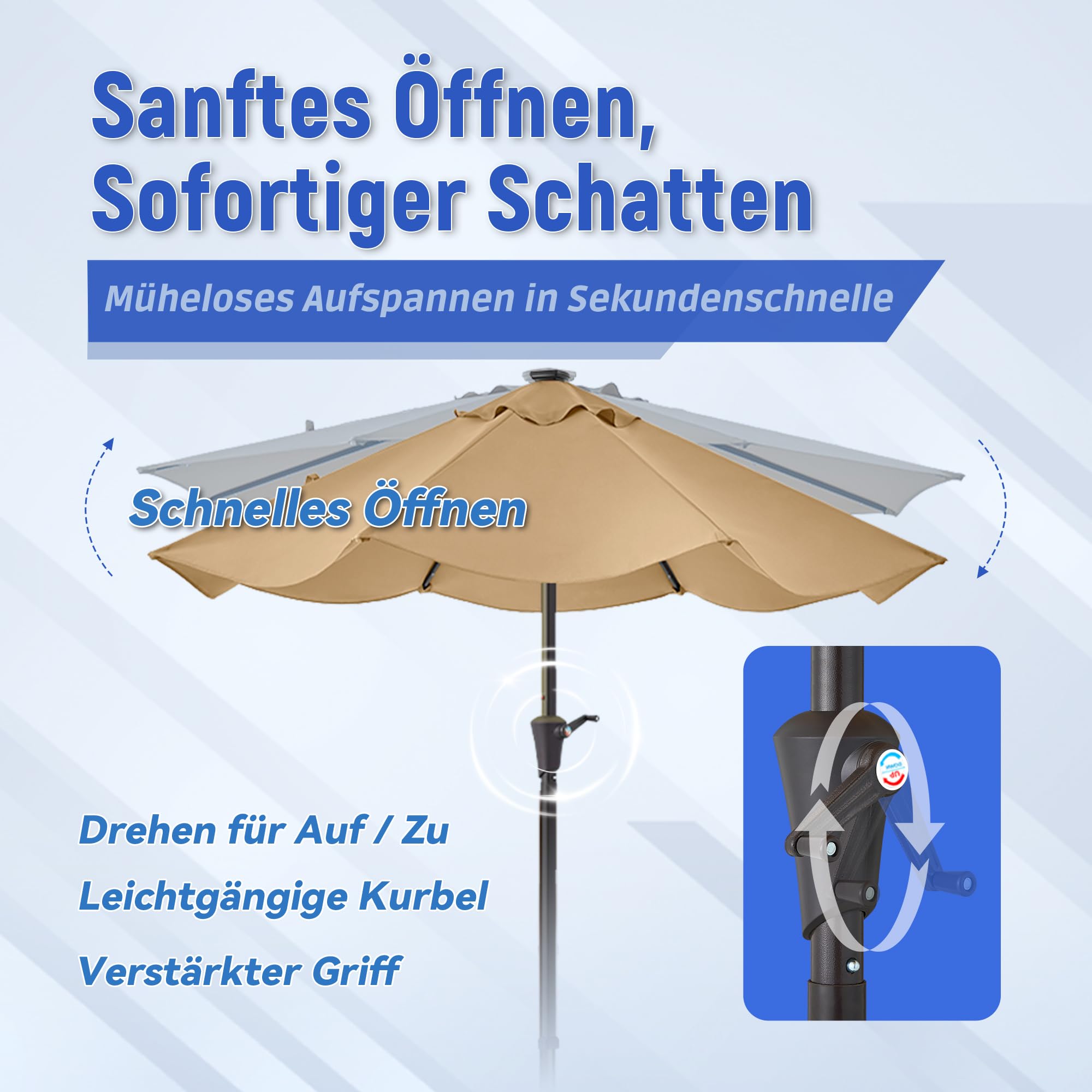 Sonnenschirm 300 cm mit LED Solar Beleuchtung, 8 Robuste Struts Terrassenschirm Knickbar, 7-Farben RGB Modus Gartenschirm mit Kurbel, UPF 50+ Wasserdicht für Balkon Pool