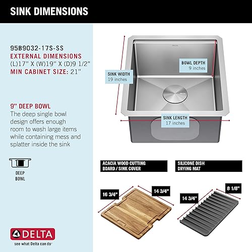 Miniatura 5 de DELTA FAUCET - Lavaplatos Lorelai de cocina para estación de trabajo de barra, de calibre 16, con tarja individual de acero inoxidable con borde