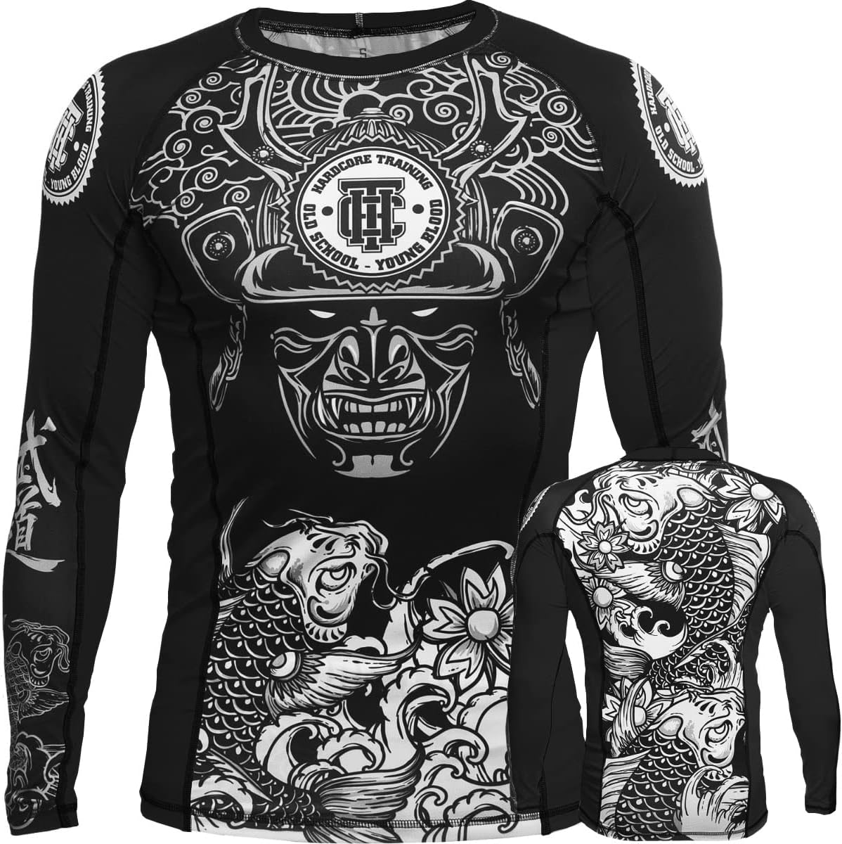 Hardcore Training Men's Rash Guard Compression Long Sleeve Jiu Jitsu, MMA No-Gi, Tight BJJ Grappling Base Layer Combat (US, Alpha, 4X-Large, Regular, Regular, Black/Black)