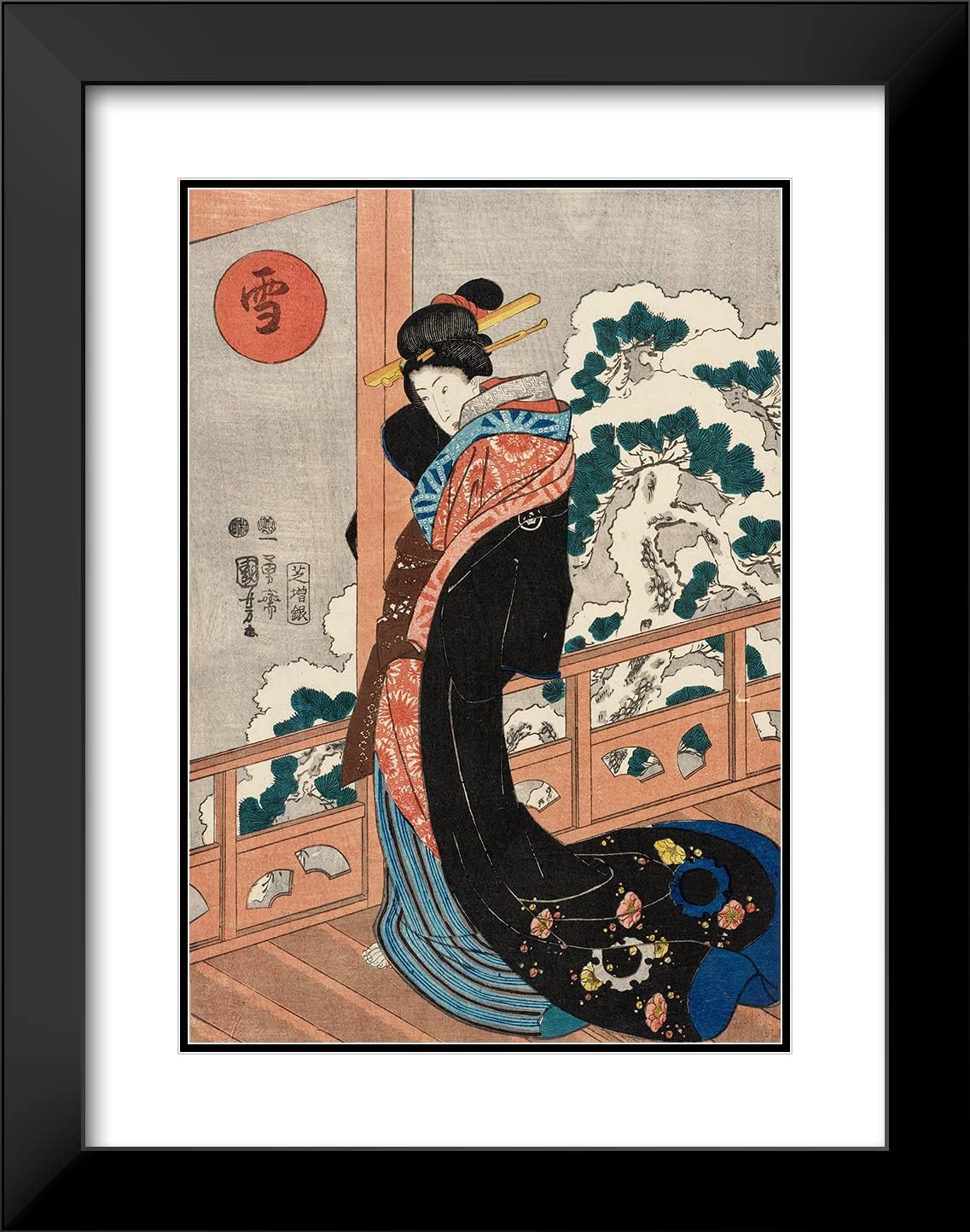 ArtDirect Utagawa Kuniyoshi 14x18 Black Modern Frame and Double Matted Museum Art Print Titled - Snow; Beauty on a Veranda (Mid-19th Century)