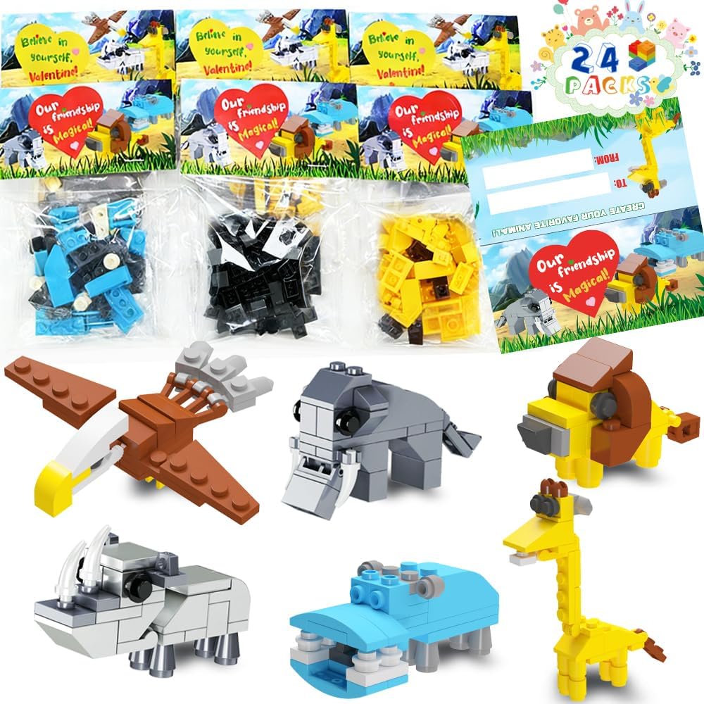 WODMAZ 24 Packs Safari Animal Building Blocks for Kids, Animal Building Toys Set for Birthday Party Favor Easter Egg Fillers, Valentines Easter Gifts for Kids Boys Girls