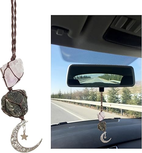Dijes colgantes para automóvil, adorno de turmalina y calcita, accesorios interiores de espejo retrovisor de automóvil, decoración de luna hecha a