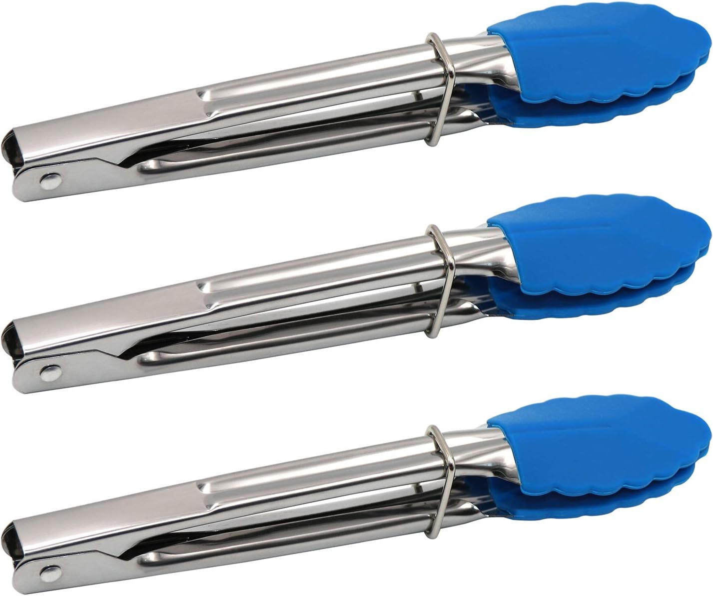 Small Tongs With Silicone Tips 7 Inch Serving Tongs - Set of 3 - Mini Food Tongs Stainless Steel Great for BBQ, Salad, Cooking, Appetizers and Food Serving Blue…