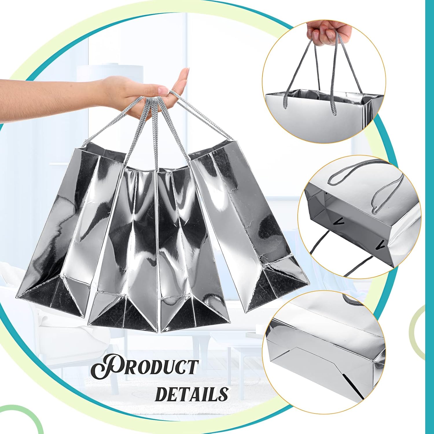 TaoBary 12 Pack Silver Gift Bags with Tissue Paper, 9''x8''x4'' Metallic Paper Bags with Handles, Medium Size for Wedding, Birthday, Baby Shower Party Favors