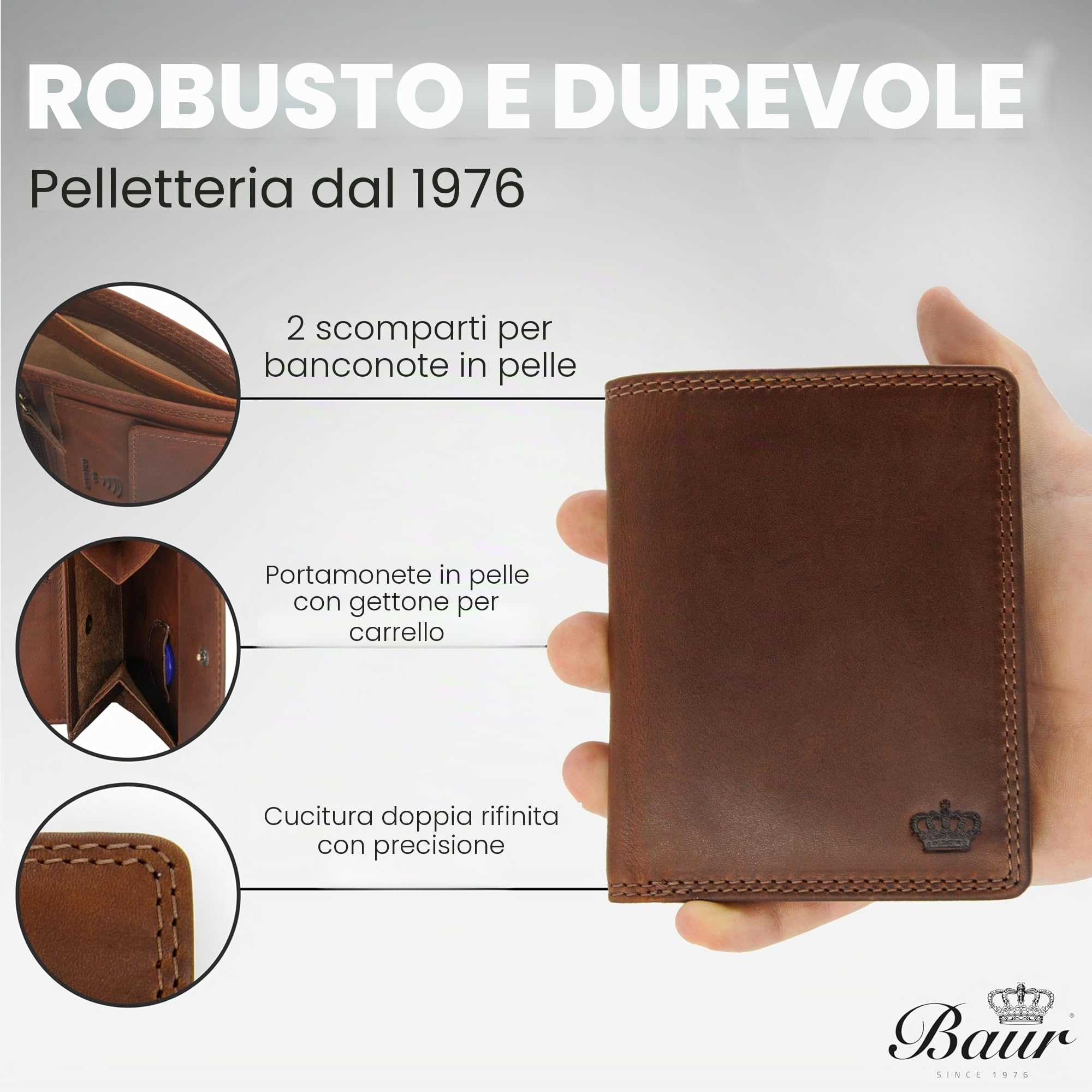 Baur portafoglio da uomo – vera pelle con protezione RFID – portafoglio grande verticale con 12 scomparti carte – ampio scomparto portamonete (Formato verticale con bottone interno, Marrone scuro)