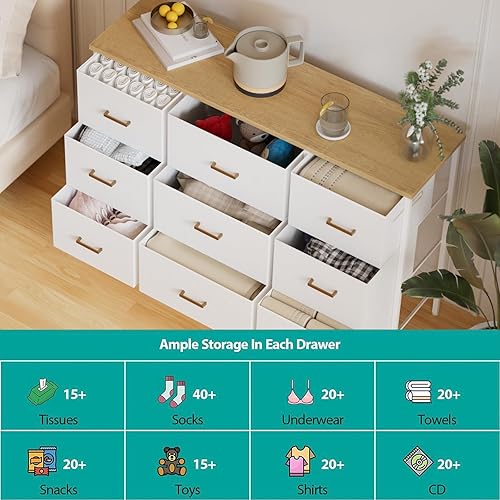 Miniatura 5 de Soporte de TV ancho para consola de TV moderna, cómoda de 9 cajones para dormitorio, armario de almacenamiento de tela, cómoda para armario, Top