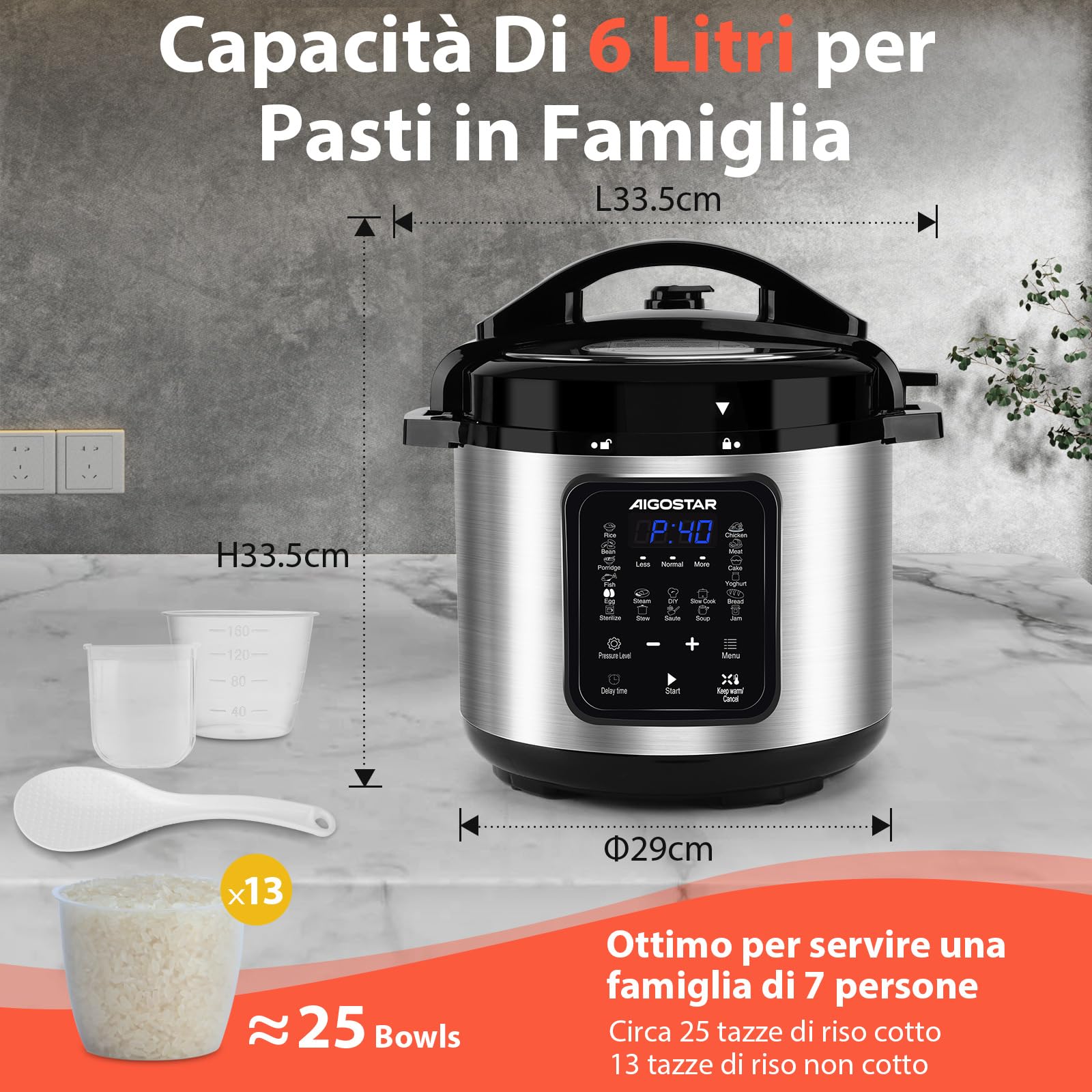Aigostar Pentola a pressione elettrica 18-in-1 Pressure Cooker, 6 Litri Pentola Programmabile 24 ore, 3 pressioni, 1000W Pannello LED Multicooker per Yogurt, Cuoci, Riso, Slow Cooker, Sauté, 1000W