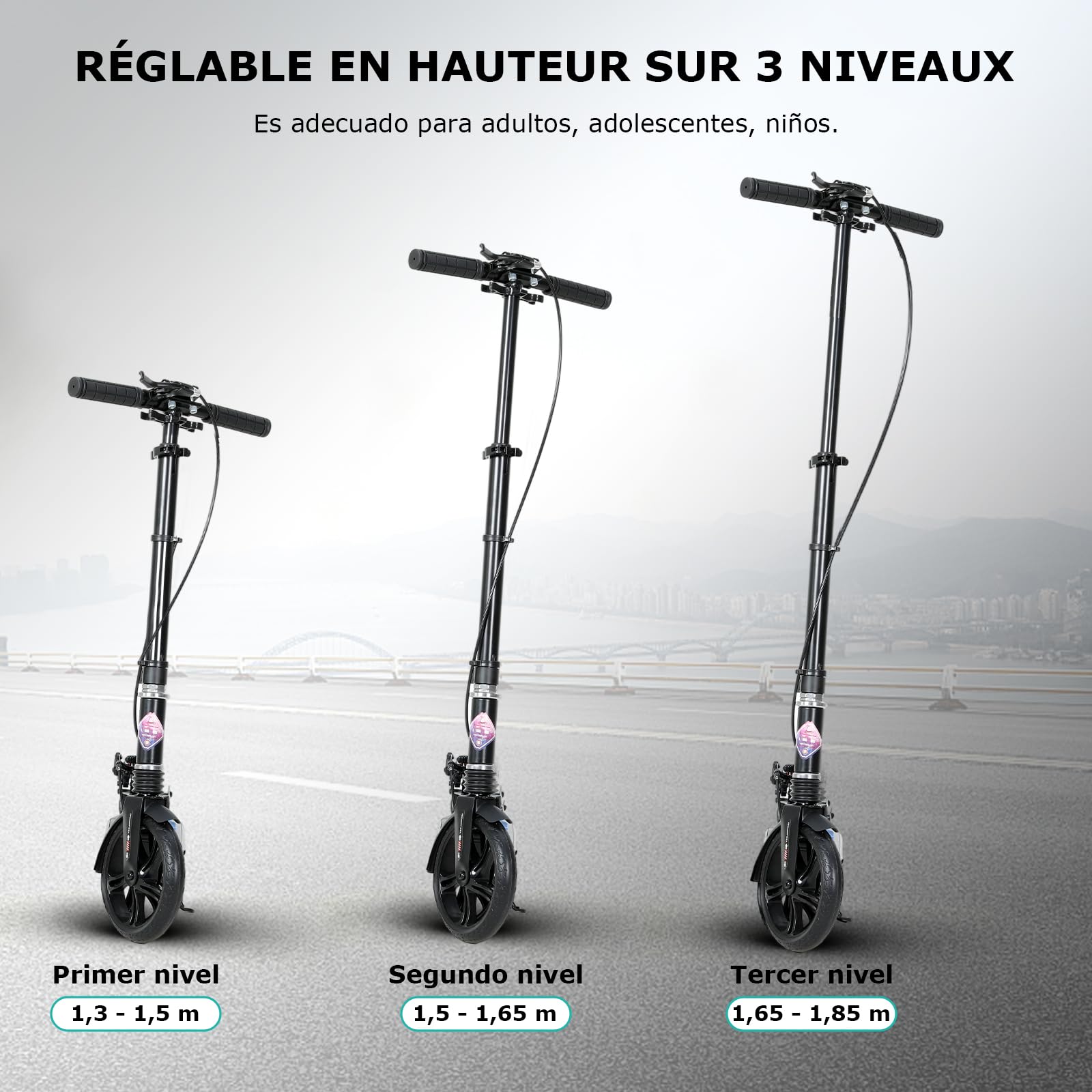 ISE Patinete Scooter Plegable Adulto Niño Manillar Ajustable 93-107cm Ruedas 200mm Freno de Mano Máx 100kg