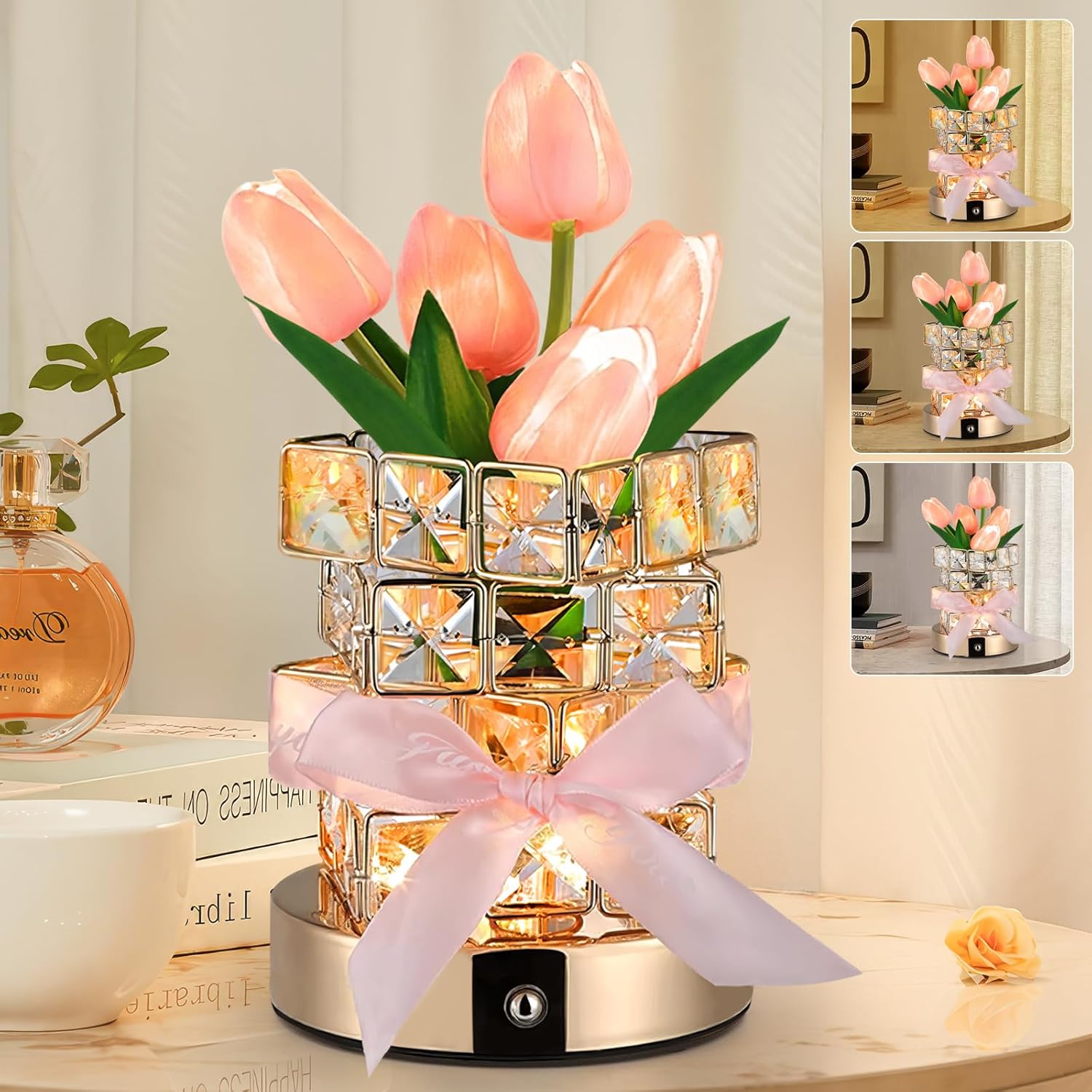 Tulip Table Lamp, 3-Color Dimmable Artificial Flowers Night Light, Rechargeable Cordless Small Desk Lamp, Fake Bouquet 5 Tulip with Crystal Vase for Date Party Home Decoration