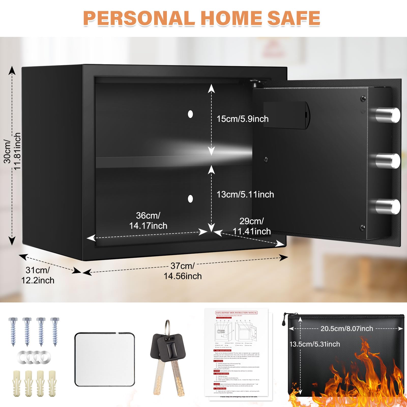 31L Safe Tresor Feuerfest Wasserdicht mit Feuerfeste Tasche, Digitaler Heimtresor mit Herausnehmbarem Regal, Möbeltresor Dokumente Gold Schmuck Wertsachen