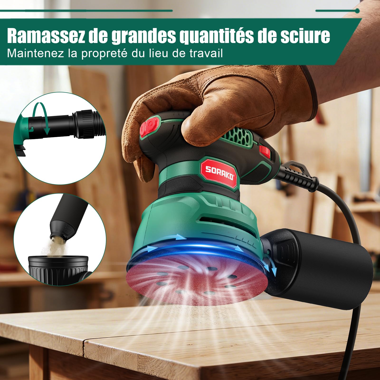 SORAKO Ponceuse excentrique 350W,125 mm,6 vitesses,16 feuilles abrasives,système d'aspiration,fonction frein rapide,Pour le bois et les projets de loisirs créatifs
