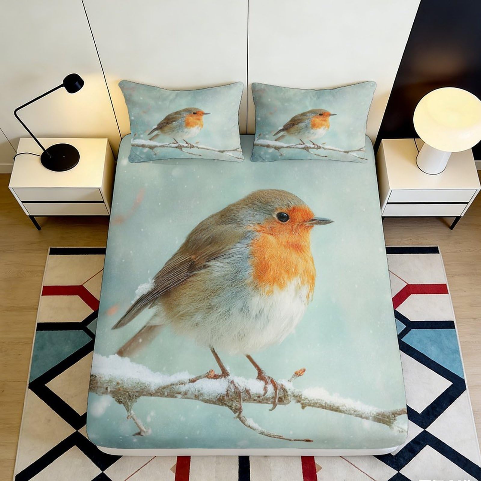 Pnayamiorkfel Style-1 3D Printed Snowy Robin Fitted Sheet Microfiber Soft Breathable Winter Branch Bed Cover For Bedroom Home Decor 90X200x25cm