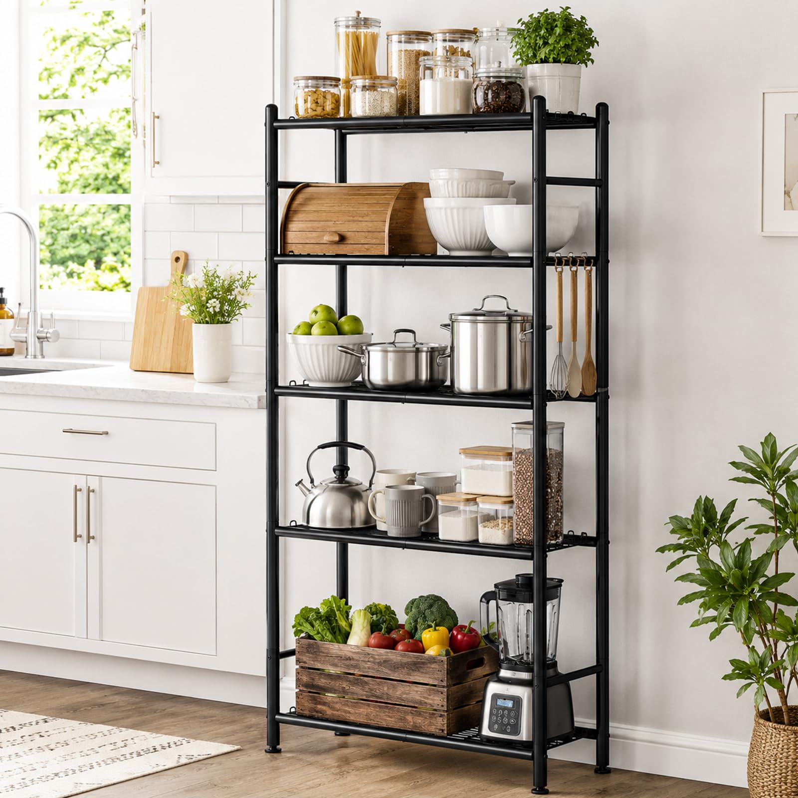 KINGRACK 5 Etagen Metallregal mit Gitter-Ablagen und Seitenhaken, Hohes Küchenregal Standregal für Küche Bad Wohnzimmer Büro