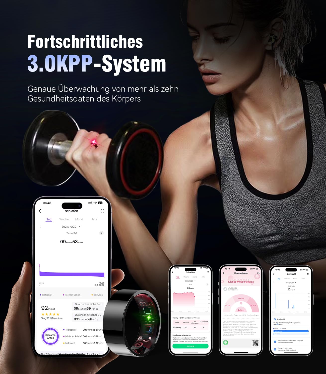 Anillo inteligente 6.0 y compartimento de carga. 【Industrias nº 1 – 0 errores de medición】2025 Fitness Tracker para seguimiento del sueño Wearable, SpO2, Smartring para Android e iOS, negro 8#