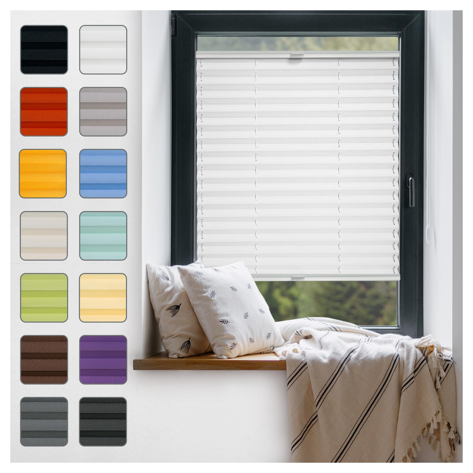 Fenster Plissee ohne Bohren zum Kleben Innenrahmen - Thermo Plisseerollo Innen - Rollo Jalousie, Halterungen auf Rahmen, Faltrollo, Sichtschutz, Blickdicht, für Fenster & Tür - Weiß, 40 x 200 cm