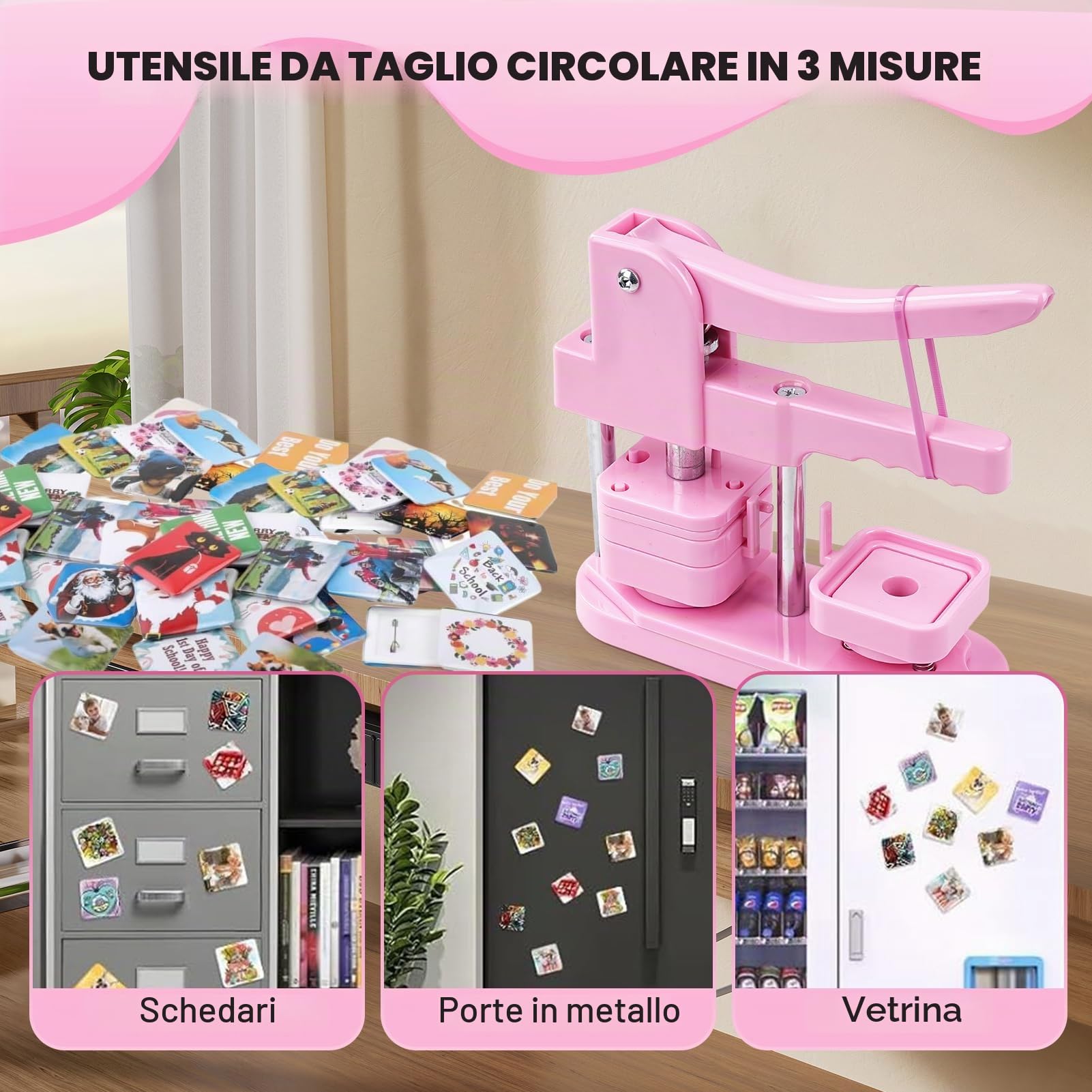 Button Maker Machine, 50 mm quadrato fai da te frigorifero Badge Maker personalizzato stampa kit con 100 pezzi di bottoni per regali Pin Maker, rosa