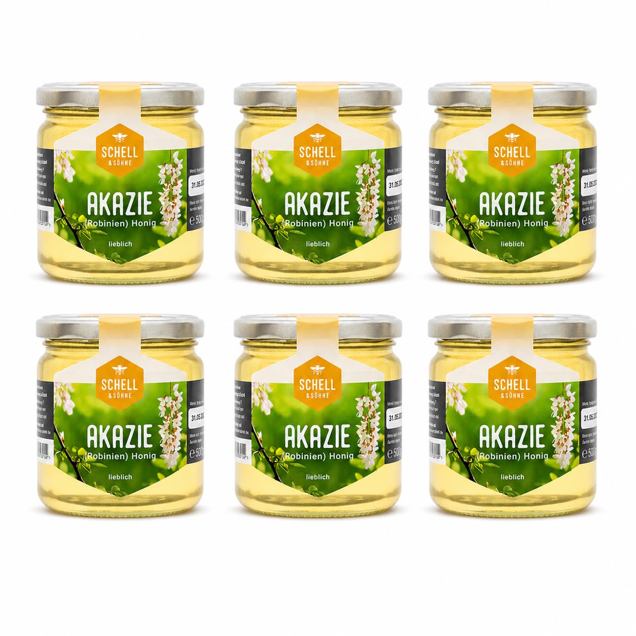 Deutscher Akazienhonig 6 x 500g - Vorteilspack - Robinienhonig - Imkerei Schell Honig aus eigener Produktion - 100% Deutscher Honig