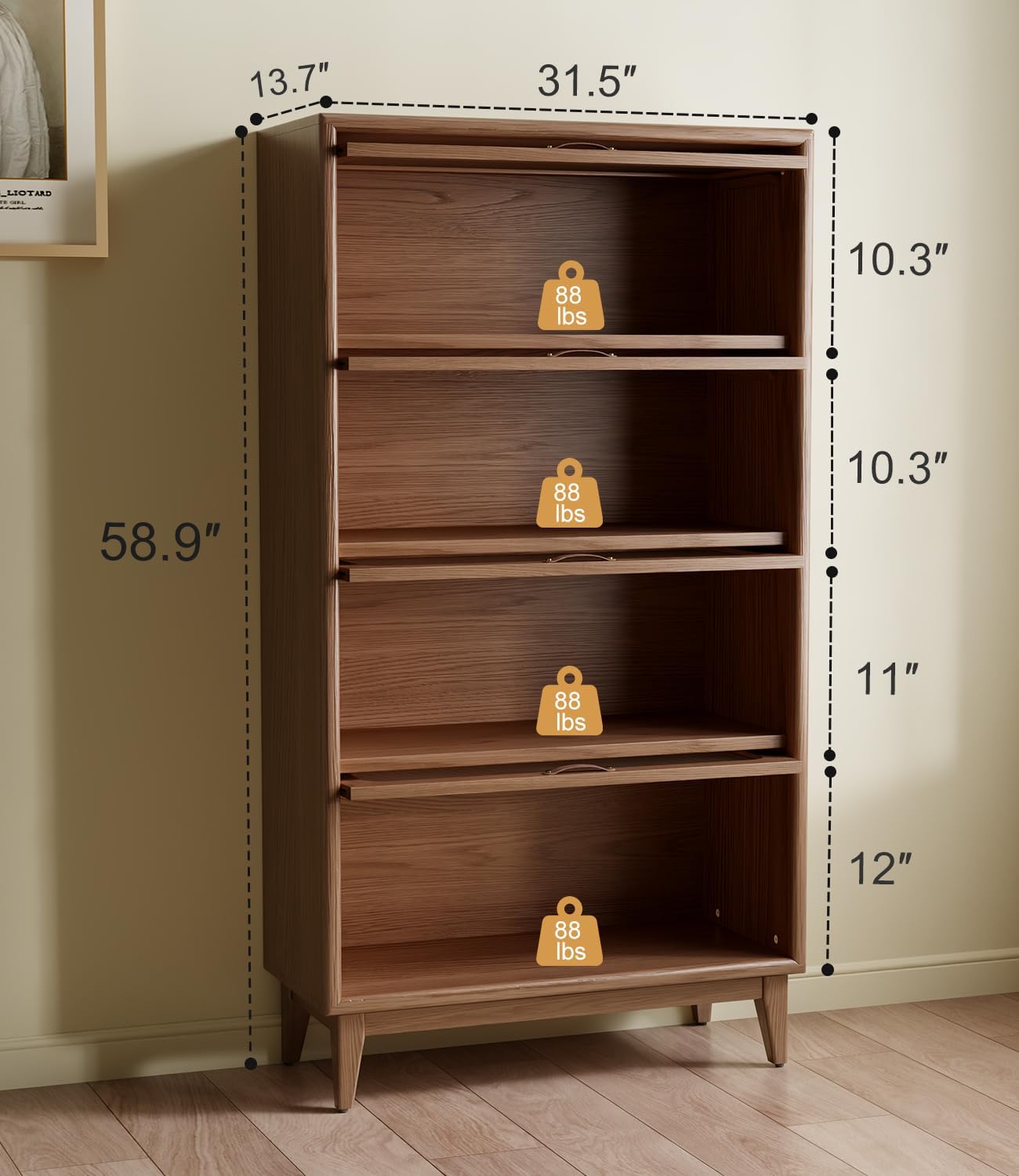 Solid Wood Bookcase 4 Tier Bookshelves with Tempered Glass Flip-Up Doors 60Hx12.5Dx32W" Brown Finish Cube Storage Organizer, Bookshelf Versatile Pantry Cabinet with Storage for Kitchen Home Office