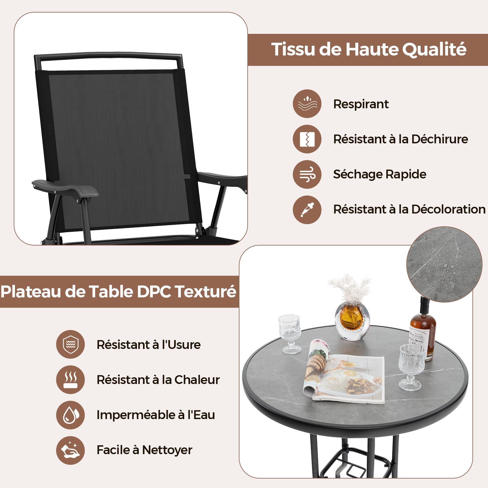 GIANTEX Ensemble Table et Chaise Bar, Mange Debout Extérieur 1 Table Haute en DPC 2 Chaises Bar Pliantes, Trou de Parasol de 42 mm, Ensemble Bistrot pour Jardin, Patio, Balcon, Noir