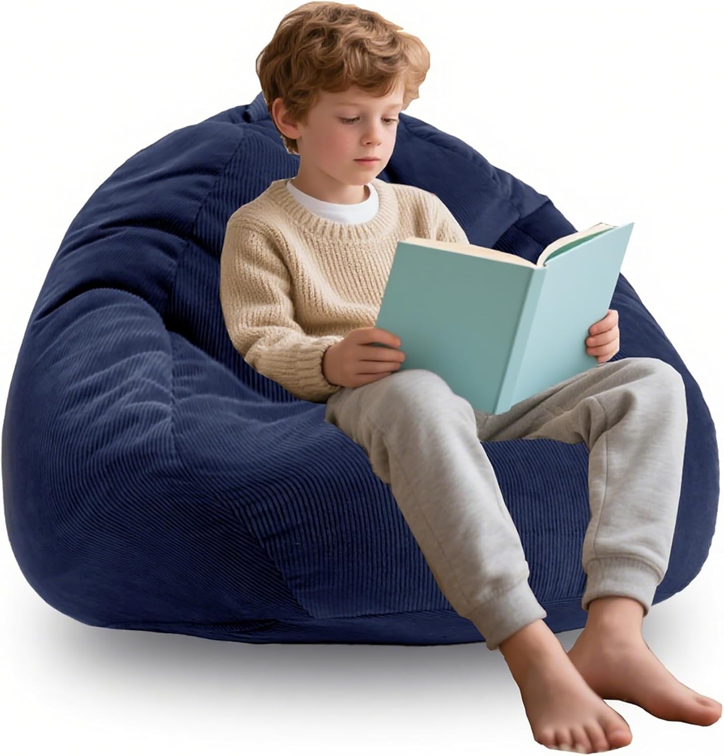 Memory Foam Bean Bag Chairs for Teens or Kids with Filling Bean Bag Sofa with Handle Super Soft Washable Corduroy Fabric Lazy Sofa 3 Foot Navy Blue 3FT Navy Blue