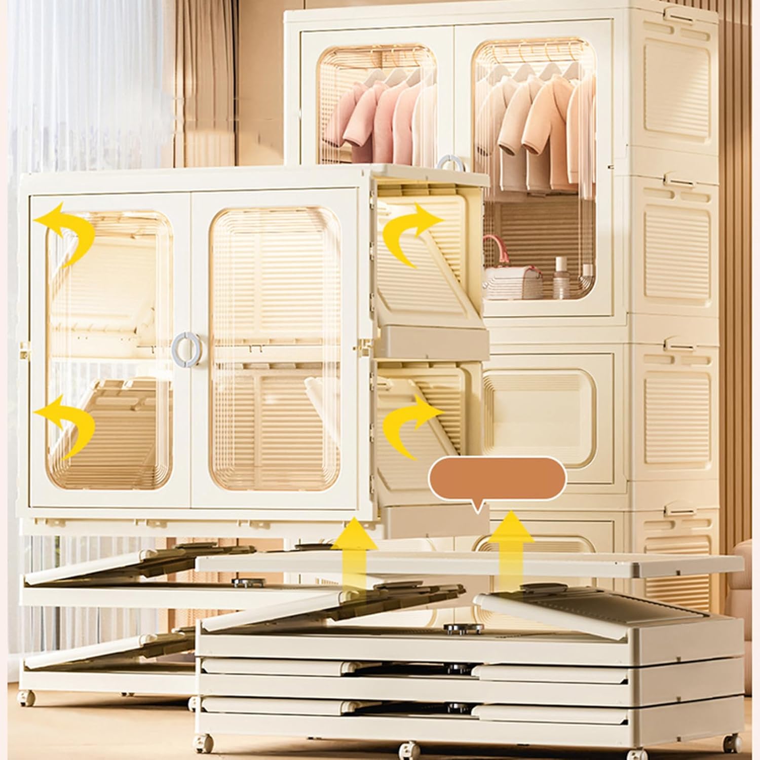 [SDS] ワードローブ ロッカー 収納 90*40*76.5 折りたたみ クローゼット 収納透明扉付き折りたたみボッ 洋服掛け 小