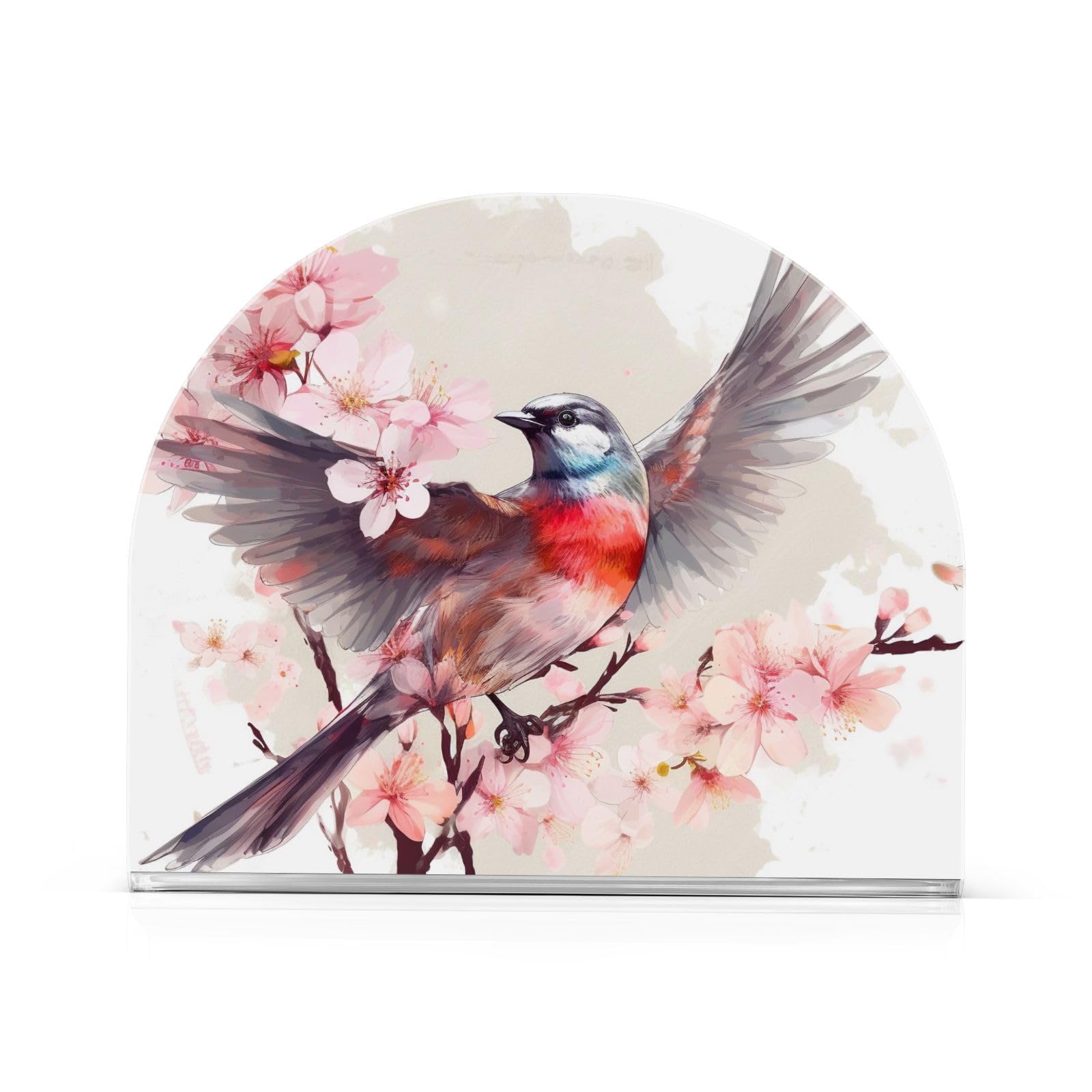 Acrylic Napkin Holder Pink Flowers and Bird Modern Decorative Dinner Paper Holder for Table, Kitchen, Office, Restaurant