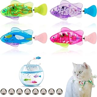 4pcs Robot Water Swim Fish Cat Toy, Funny Glitter Robot Swimming Fish Toys for Cat with Button Battery Led Light Fish Toy Interactive Fish Cat Toy for Indoor Cat Toys