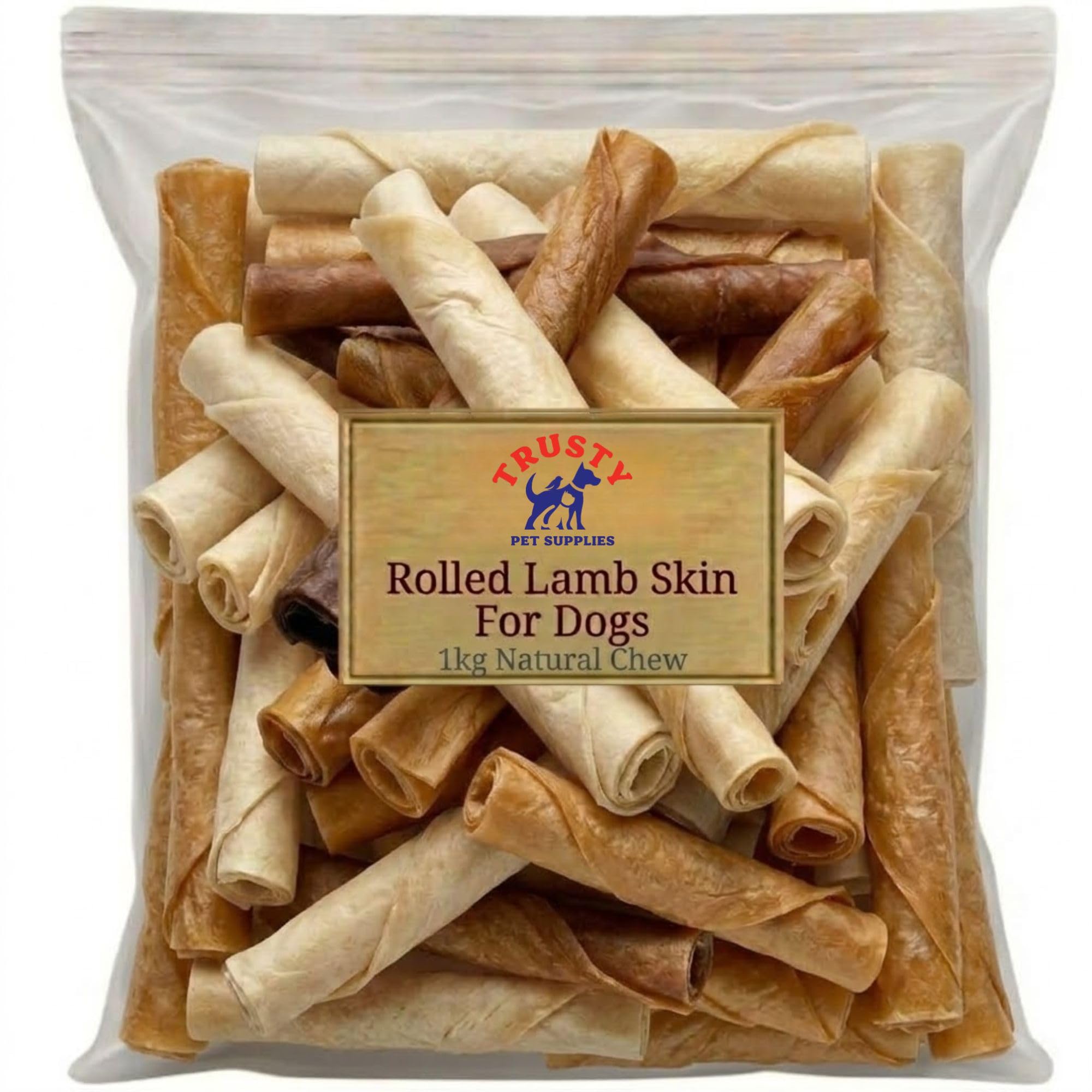 Rolled Lamb Skin Chews for Dogs 1kg | 100% Natural Dog Treats | Long Lasting Natural Dog Chews | Grain Free Dog Teeth Cleaning Chews for Small, Medium & Large Dogs | Trusty Pet Supplies