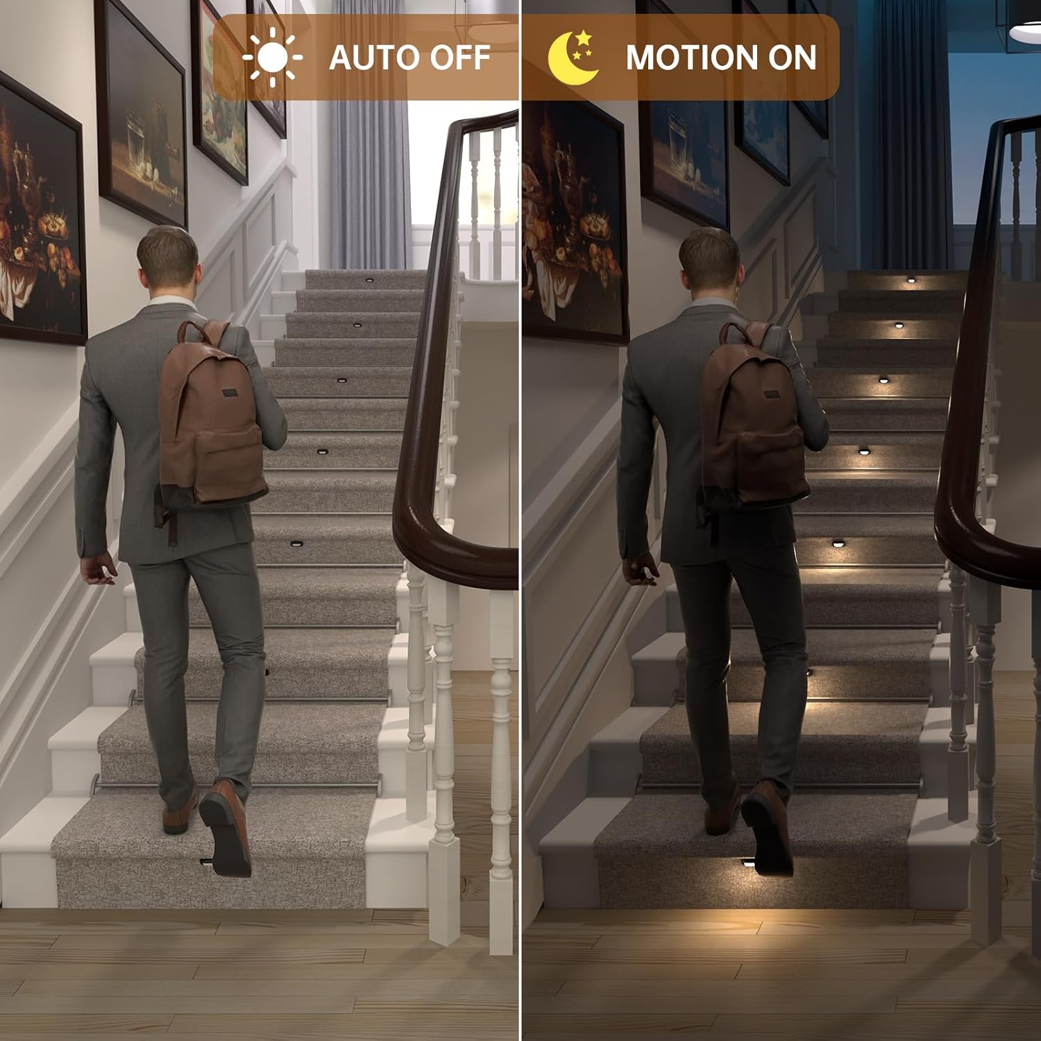 Motion-Activated LED Stair Lighting Kit RW-5620-B, Warm White 2700K Mini LED Light Bulbs Suilt for Indoor Carpeted Or Wooden Staircase (8 Bulbs)