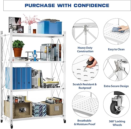 Miniatura 4 de Estante de almacenamiento plegable de 4 niveles con ruedas, estante plegable de metal, carrito rodante para libros, estantes de almacenamiento de