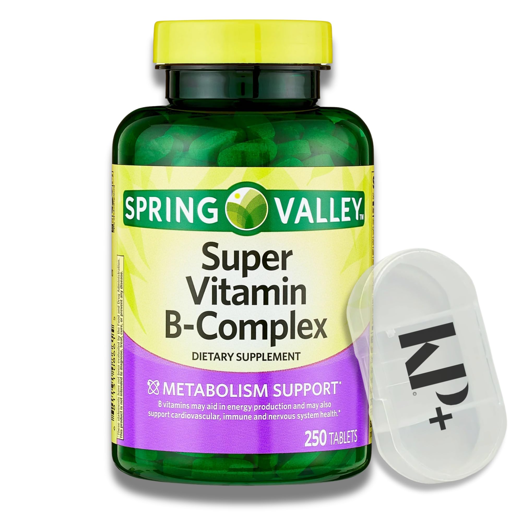Spring Valley Super Vitamin B Complex, Vitamin B Complex, B Complex Vitamins, Dietary Supplement, 250 Tablets Bundle with Pill case
