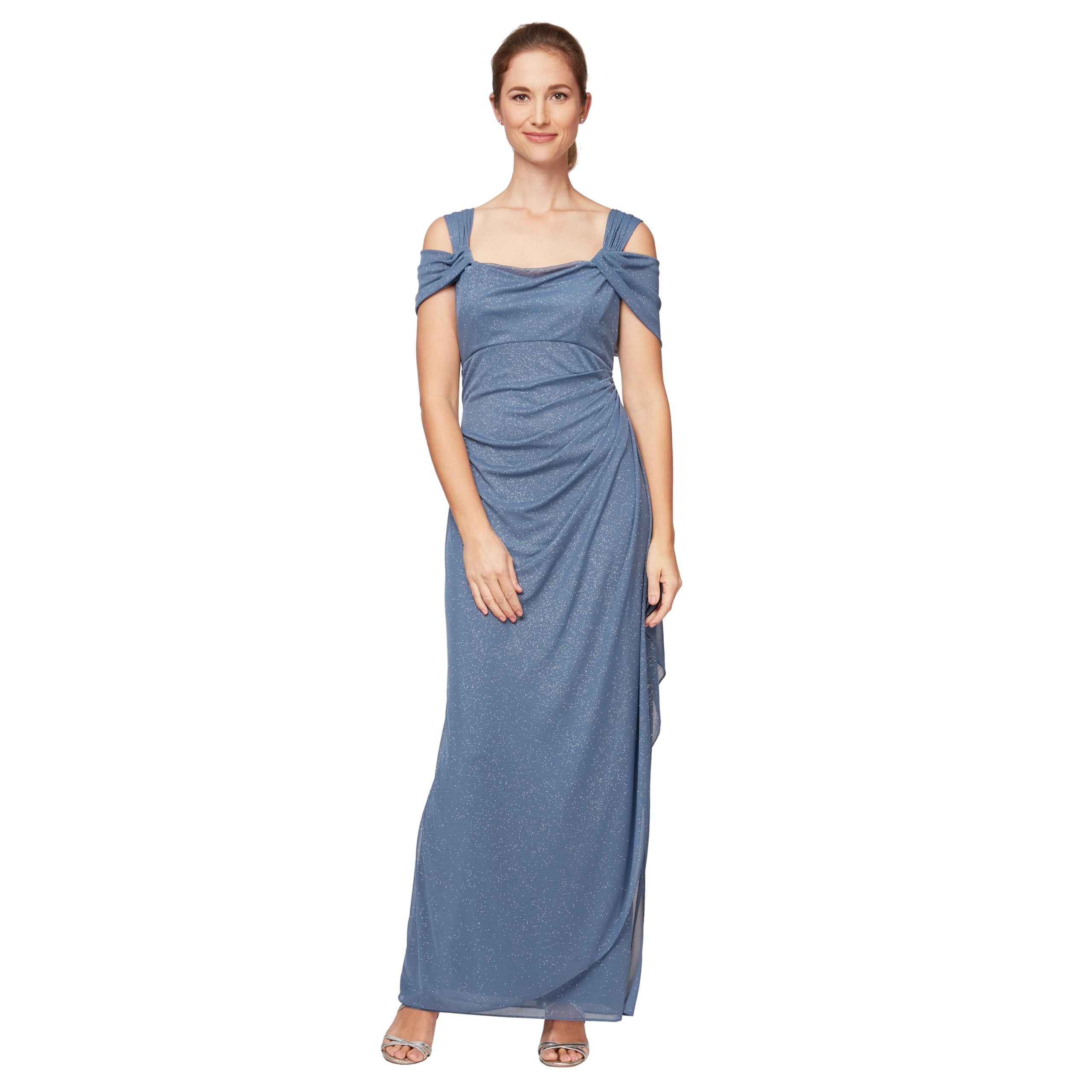 Alex Evenings Women's Long Cold Shoulder Dress, Mother of The Bride, Formal Events, Dusty Blue Glitter, 10 Petite
