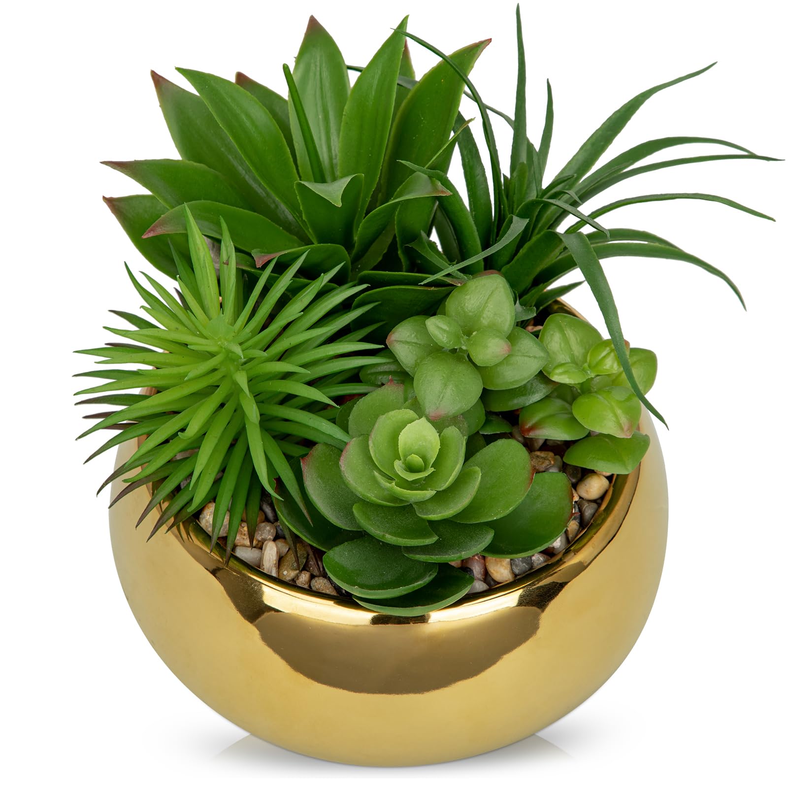 Arborus 17cm Artificial Succulents Plants Potted Indoor Fake Mix Succulents in Gold Ceramic Round Pot Realistic Faux Plant in Pots for Window Sill Office Table Home Bathroom Living Room Decorations