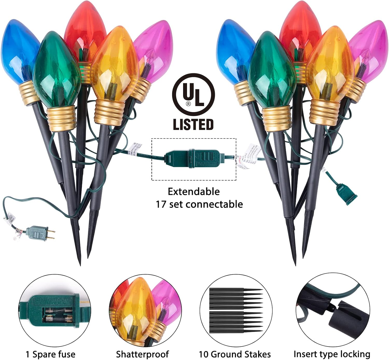 Best Deal Cheap 🛒 Jumbo C9 Christmas Lights Outdoor Decorations Lawn with Pathway Marker Stakes, 6 Feet C7 String Lights Covered Jumbo Multicolored Light Bulb, for Holiday Time Outside Yard Garden Decor (2 Pack)