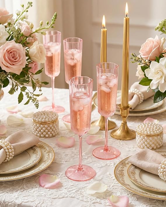 Ciaell 24 Pack Pink Plastic Champagne Flutes for Weddings Birthdays
